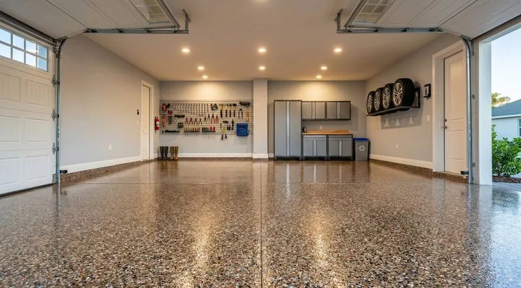 Clean decorative flake epoxy garage floor in a Sarasota County home