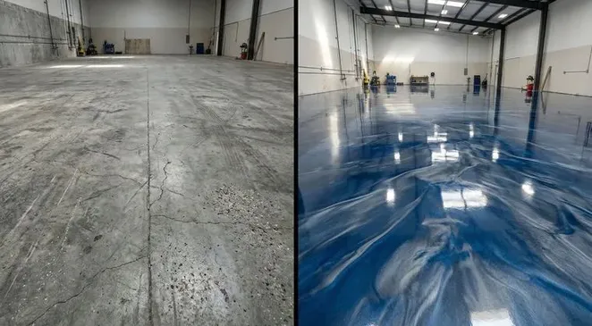 Media room blue-gray metallic epoxy floor Sarasota County