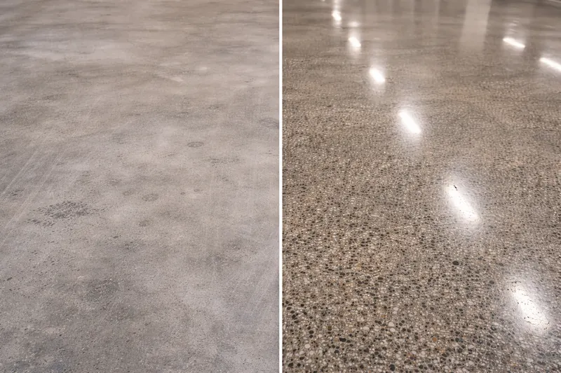 Polished concrete before and after — raw concrete vs high-gloss finish Sarasota County